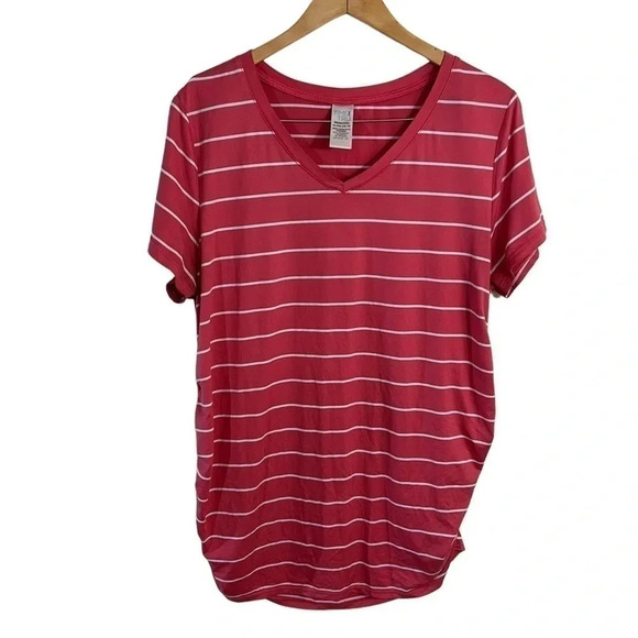 Time and Tru Maternity Pink and White Striped Top XL Short Sleeve V Neck Casual - Picture 1 of 4